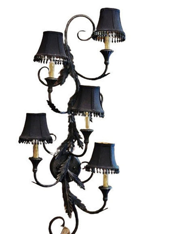 VINTAGE EUROPEAN STYLE WALL SCONCE FIXTURE CHANDELIER 5 BLACK BELL SHADES LAMP WALL PLUG LAMP 5 SHADE LIGHTING FIXTURE - PLUGIN CHANDELIER