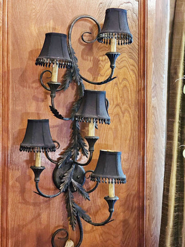 VINTAGE EUROPEAN STYLE WALL SCONCE FIXTURE CHANDELIER 5 BLACK BELL SHADES LAMP WALL PLUG LAMP 5 SHADE LIGHTING FIXTURE - PLUGIN CHANDELIER