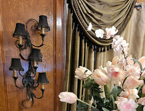 VINTAGE EUROPEAN STYLE WALL SCONCE FIXTURE CHANDELIER 5 BLACK BELL SHADES LAMP WALL PLUG LAMP 5 SHADE LIGHTING FIXTURE - PLUGIN CHANDELIER