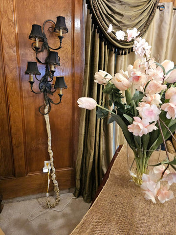 VINTAGE EUROPEAN STYLE WALL SCONCE FIXTURE CHANDELIER 5 BLACK BELL SHADES LAMP WALL PLUG LAMP 5 SHADE LIGHTING FIXTURE - PLUGIN CHANDELIER