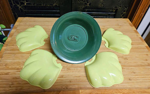 VINTAGE 70S CHARTRUSE LIME AND AVOCADO 5 PIECE LAZY SUSAN RELISH CONDIMENT HOLDER - (5-PIECE SET)
