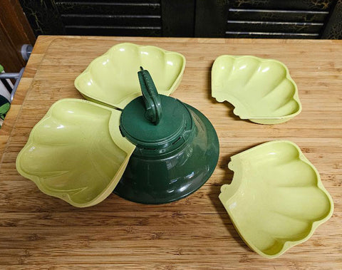 VINTAGE 70S CHARTRUSE LIME AND AVOCADO 5 PIECE LAZY SUSAN RELISH CONDIMENT HOLDER - (5-PIECE SET)
