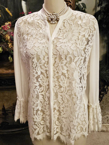 NEW - ALENCON LACE & EYELASH LACE LOOK BLOUSE WITH EXQUISITE FLOUNCE LACE CUFFS
