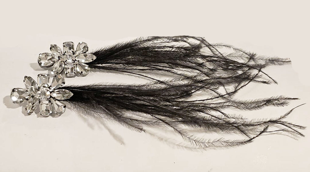 NEW NEVER WORN CHICO'S SPARKLING RHINESTONE AND BLACK FEATHER DANGLING EARRINGS