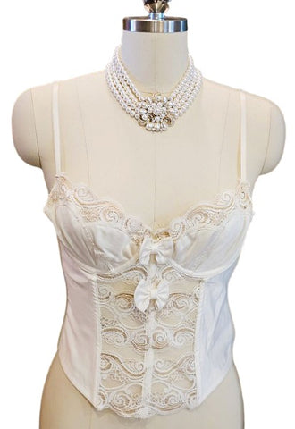 VINTAGE GLAMOROUS CHRISTIAN DIOR LACE GOLD WHITE LACE WITH PUFFY BOWS MERRY WIDOW BUSTIER  34 C