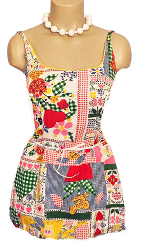 VINTAGE COLE OF CALIFORNIA HEARTS & FLOWERS PATCHWORK SWIM SUIT SWIMSUIT / ROMPER