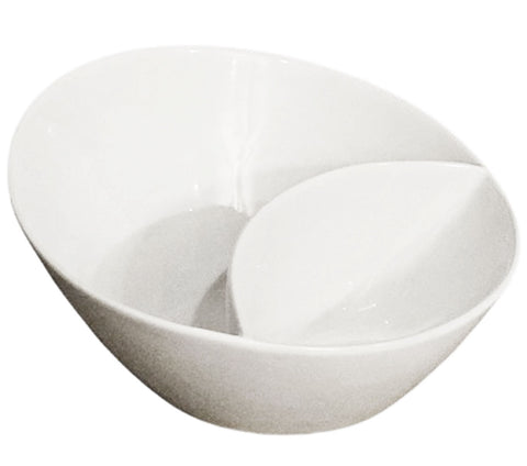 NEW OLD STOCK - (SET OF 2) HUGE CRATE & BARREL PORCELAIN DIVIDED ANGLED NOODLE BOWLS - SOUP BOWLS - SALAD BOWLS - ONE DISH DINNERS - PERFECT FOR CHINESE, THAI, JAPANESE AND AMERICAN FOOD - SET OF 2 BOWLS