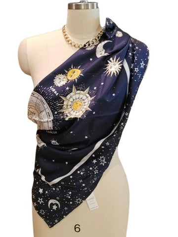 NEW WITH TAGS CHICO'S 100% SILK NAVY, WHITE & GOLD ZODIAC SCARF SUN MOON & STARS