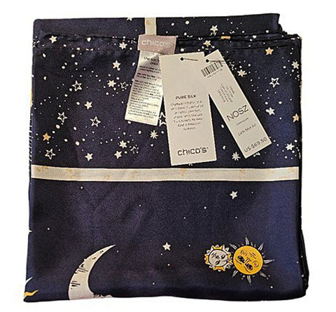 NEW WITH TAGS CHICO'S 100% SILK NAVY, WHITE & GOLD ZODIAC SCARF SUN MOON & STARS