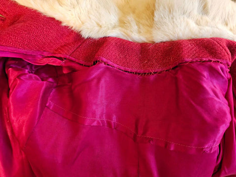VINTAGE 1940s 1950s CHILD'S CRANBERRY WINTER COAT WITH RABBIT FUR & POM POMS