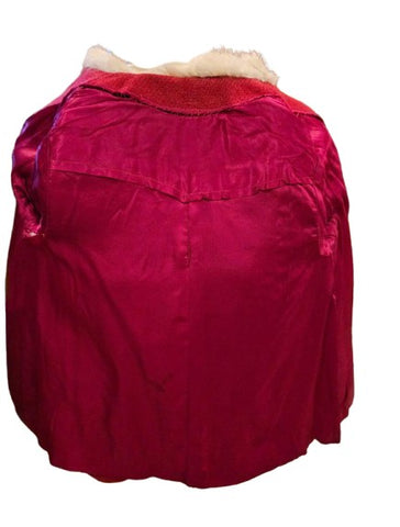 VINTAGE 1940s 1950s CHILD'S CRANBERRY WINTER COAT WITH RABBIT FUR & POM POMS