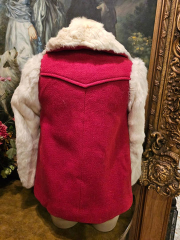 VINTAGE 1940s 1950s CHILD'S CRANBERRY WINTER COAT WITH RABBIT FUR & POM POMS