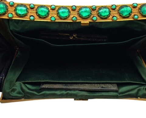 DETUZ 1940S BLACK IRIDESCENT EVENING BAG WITH EMERALD RHINESTONES, GOLD FRAME & CHAIN HANDLE