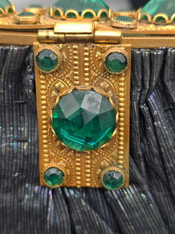 DETUZ 1940S BLACK IRIDESCENT EVENING BAG WITH EMERALD RHINESTONES, GOLD FRAME & CHAIN HANDLE