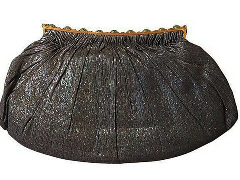 DETUZ 1940S BLACK IRIDESCENT EVENING BAG WITH EMERALD RHINESTONES, GOLD FRAME & CHAIN HANDLE