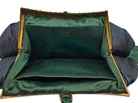 DETUZ 1940S BLACK IRIDESCENT EVENING BAG WITH EMERALD RHINESTONES, GOLD FRAME & CHAIN HANDLE