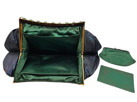 DETUZ 1940S BLACK IRIDESCENT EVENING BAG WITH EMERALD RHINESTONES, GOLD FRAME & CHAIN HANDLE