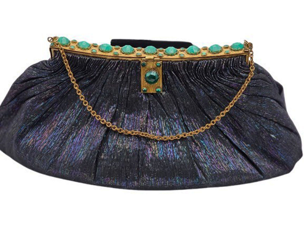 DETUZ 1940S BLACK IRIDESCENT EVENING BAG WITH EMERALD RHINESTONES, GOLD FRAME & CHAIN HANDLE