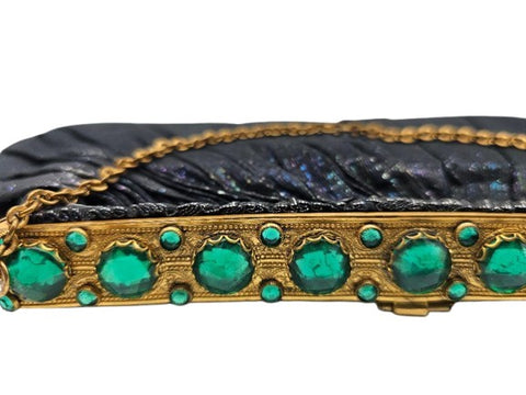DETUZ 1940S BLACK IRIDESCENT EVENING BAG WITH EMERALD RHINESTONES, GOLD FRAME & CHAIN HANDLE