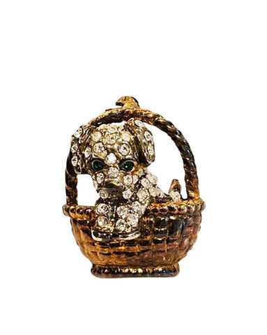 VINTAGE PUPPY WITH GREEN RHINESTONE EYES IN WOVEN BASKET PIN - THE SPARKLE IS BRILLIANT!
