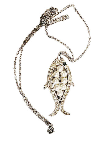 VINTAGE 1970s EISENBERG FAUX PEARL & RHINESTONE FISH PENDANT WITH CHAIN
