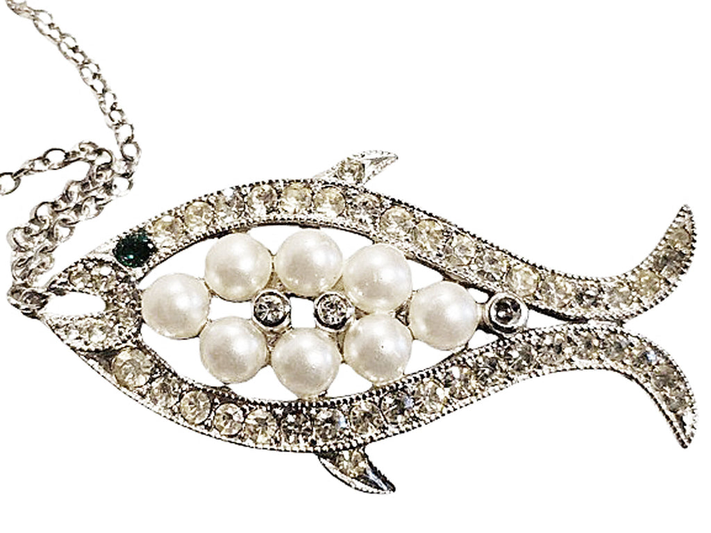 VINTAGE 1970s EISENBERG FAUX PEARL & RHINESTONE FISH PENDANT WITH CHAIN