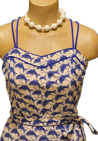 VINTAGE ELIZABETH STEWART BLUE FISH BOY CUT SUIT SWIMSUIT ROMPER PLAYSUIT WITH WRAP SKIRT