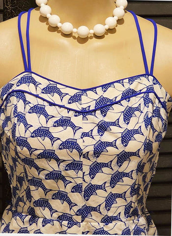 VINTAGE ELIZABETH STEWART BLUE FISH BOY CUT SUIT SWIMSUIT ROMPER PLAYSUIT WITH WRAP SKIRT