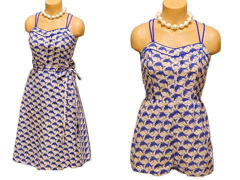 VINTAGE ELIZABETH STEWART BLUE FISH BOY CUT SUIT SWIMSUIT ROMPER PLAYSUIT WITH WRAP SKIRT