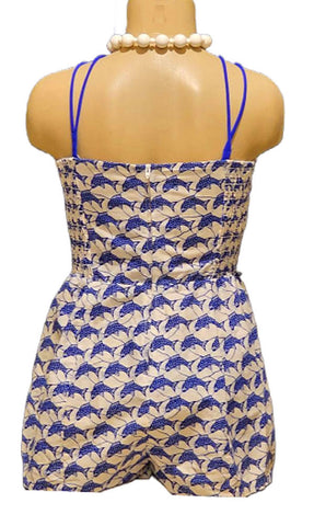 VINTAGE ELIZABETH STEWART BLUE FISH BOY CUT SUIT SWIMSUIT ROMPER PLAYSUIT WITH WRAP SKIRT