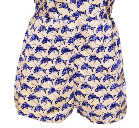 VINTAGE ELIZABETH STEWART BLUE FISH BOY CUT SUIT SWIMSUIT ROMPER PLAYSUIT WITH WRAP SKIRT