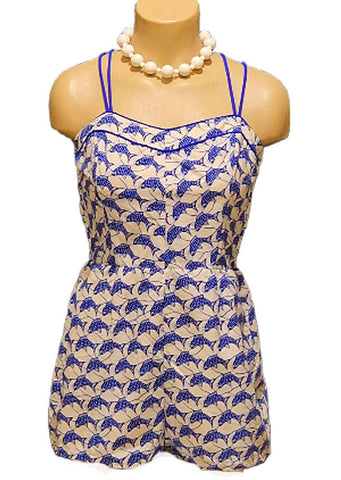 VINTAGE ELIZABETH STEWART BLUE FISH BOY CUT SUIT SWIMSUIT ROMPER PLAYSUIT WITH WRAP SKIRT