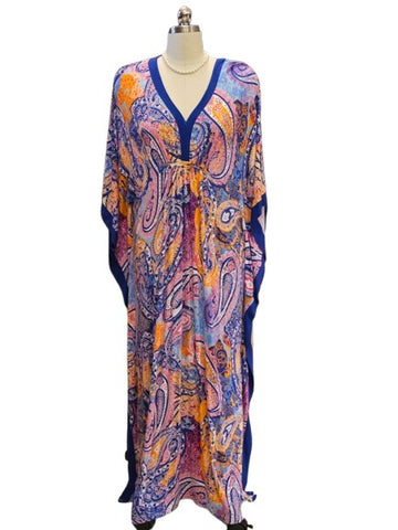 ELLEN TRACY SPANDEX/RAYON PREOWNED PURPLE ORANGE WHITE MAGENTA CAFTAN L/XLARGE