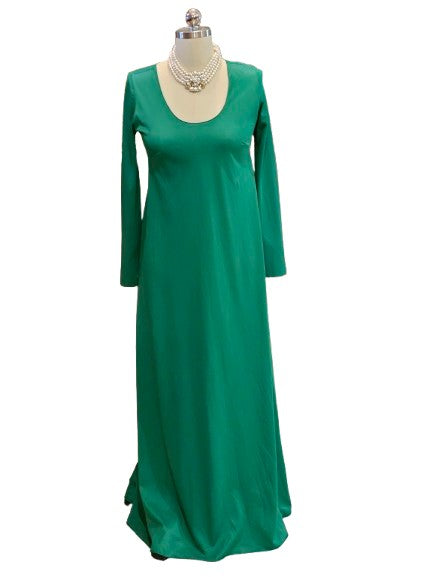 VINTAGE EMERALD GREEN BIAS CUT NIGHTGOWN SILKY NYLON LONG SLEEVE SCOOP NECK