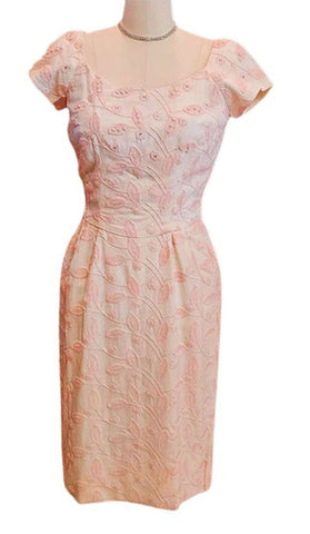VINTAGE EMMA DOMB IVORY AND PINK EMBROIDERED WIGGLE DRESS SPRINKLED WITH  FAUX PEARLS AND RHINESTONES PLUS A METAL ZIPPER
