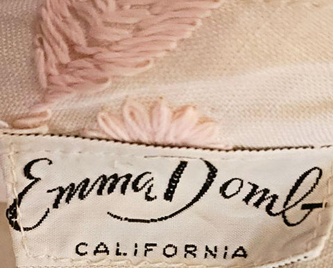 VINTAGE EMMA DOMB IVORY AND PINK EMBROIDERED WIGGLE DRESS SPRINKLED WITH  FAUX PEARLS AND RHINESTONES PLUS A METAL ZIPPER