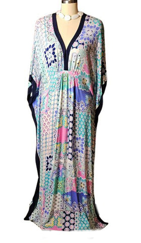 ELLEN TRACY PREOWNED SPANDEX/RAYON PURPLE, AQUA, PINK CAFTAN IN SIZE LARGE/EXTRA LARGE - BEAUTIFUL COLORS AND SOFT FABRIC!