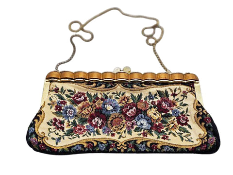 VINTAGE FLORAL AND LEAF PETIT POINT NEEDLEPOINT TAPESTRY PURSE WITH A BEAUTIFUL BUTTERSCOTCH AND GOLD FRAME WITH GOLD CHAIN HANDLE