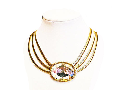 VINTAGE HUGE MULTI-FACETED RHINESTONE GOLD TONE METAL OMEGA 3-CHAIN NECKLACE
