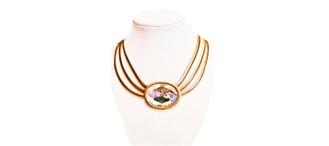 VINTAGE HUGE MULTI-FACETED RHINESTONE GOLD TONE METAL OMEGA 3-CHAIN NECKLACE