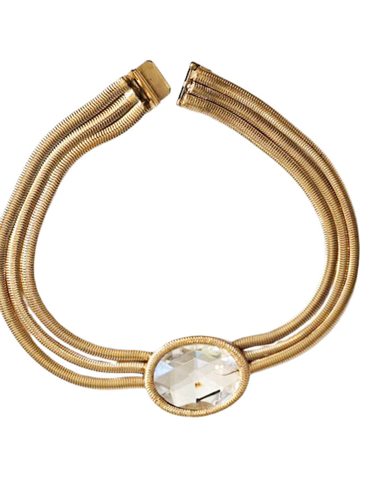 VINTAGE HUGE MULTI-FACETED RHINESTONE GOLD TONE METAL OMEGA 3-CHAIN NECKLACE