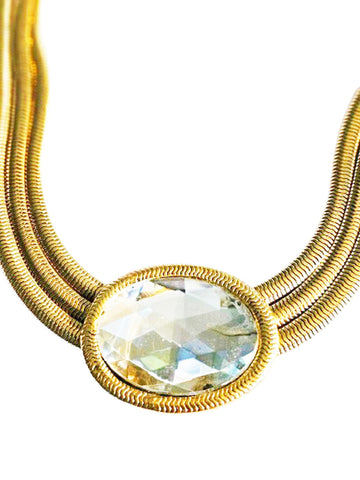 VINTAGE HUGE MULTI-FACETED RHINESTONE GOLD TONE METAL OMEGA 3-CHAIN NECKLACE