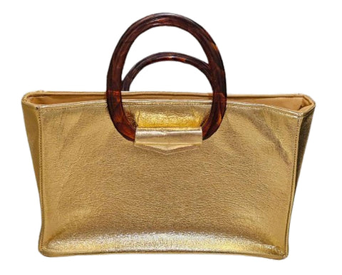 VINTAGE 1960s RJ FLORIDA USA GOLD PURSE WITH LARGE TORTOISE COLORED HANDLES