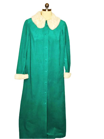*  VINTAGE HENSON KICKERNICK VELOUR BUTTON UP FRONT ROBE IN EMERALD WITH FAUX FUR COLLAR AND CUFFS