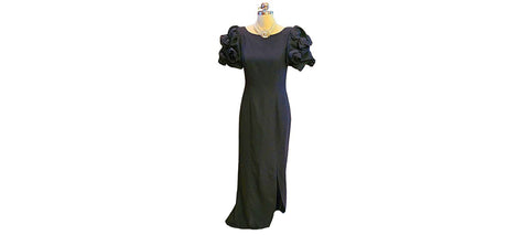 VINTAGE JACK BRYAN LORD & TAYLOR '80s-'90s BLACK EVENING GOWN FABRIC ROSE SLEEVES VERY BEAUTIFUL & DRAMATIC