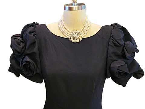 VINTAGE JACK BRYAN LORD & TAYLOR '80s-'90s BLACK EVENING GOWN FABRIC ROSE SLEEVES VERY BEAUTIFUL & DRAMATIC