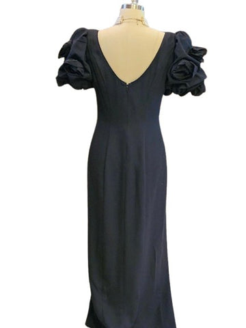 VINTAGE JACK BRYAN LORD & TAYLOR '80s-'90s BLACK EVENING GOWN FABRIC ROSE SLEEVES VERY BEAUTIFUL & DRAMATIC