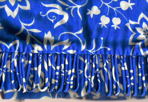 VINTAGE JANET LYNN COTTON FLORAL & FLORAL DRESS IN MEDITERRANEAN BLUE & WHITE WITH LOOPED FRINGE HEM