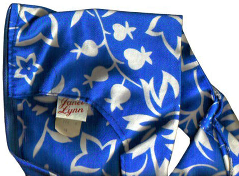 VINTAGE JANET LYNN COTTON FLORAL & FLORAL DRESS IN MEDITERRANEAN BLUE & WHITE WITH LOOPED FRINGE HEM