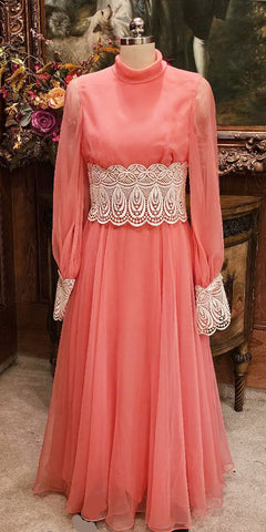 VINTAGE SOPHISTICATED MISS BY FRANCES HENAGHAM  EVENING GOWN IN MANGO WITH HUGE APPLIQUE WAIST - SOLD AT JENNIFERS IN SCOTTSDALE & PHOENIX